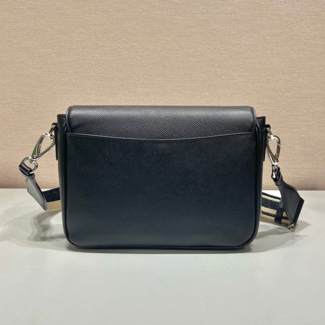 Prada Black Saffiano Leather Shoulder Bag with Detachable Woven Strap