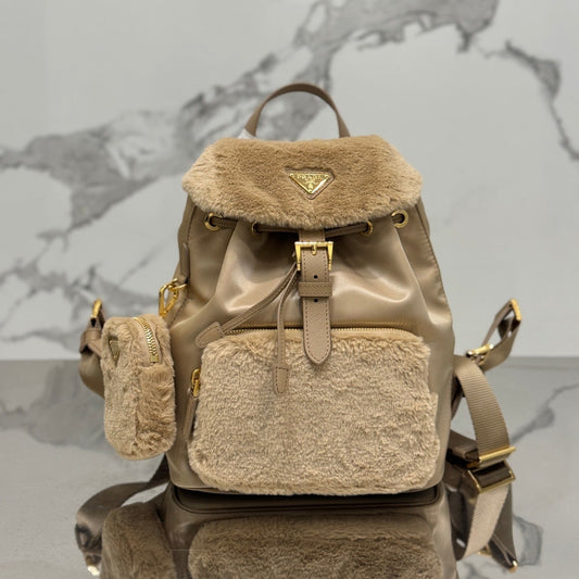 Prada Re-Nylon & Shearling Backpack – Beige