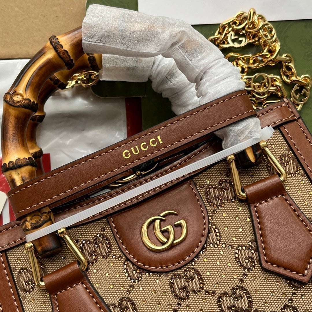 Gucci Diana Mini Tote GG Canvas Bag with Leather Trim and Bamboo Handles