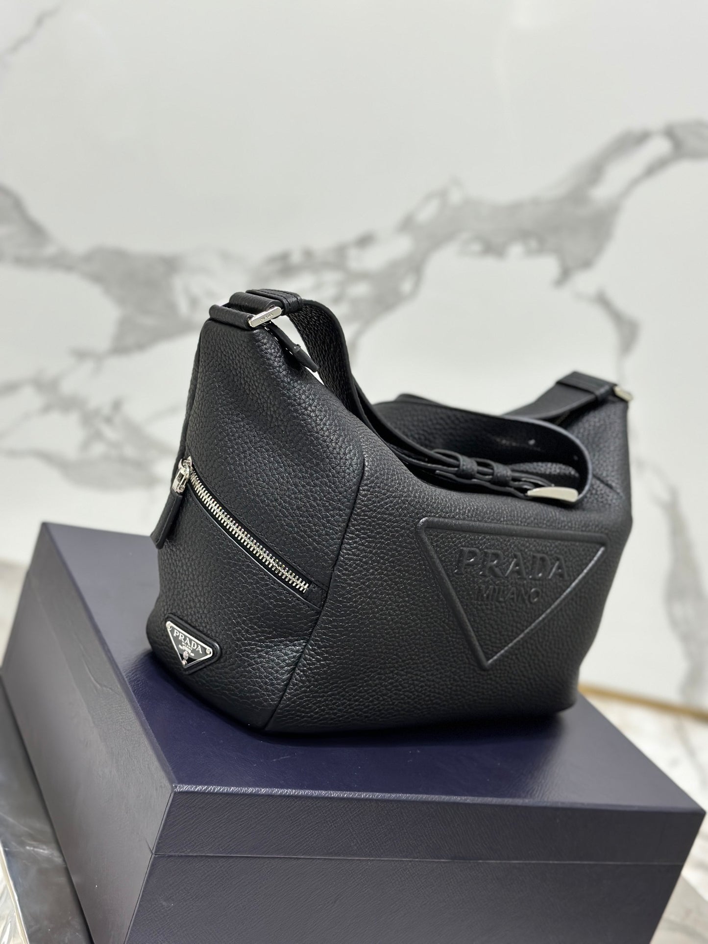 Prada Black Leather Debossed Logo Crossbody Bag