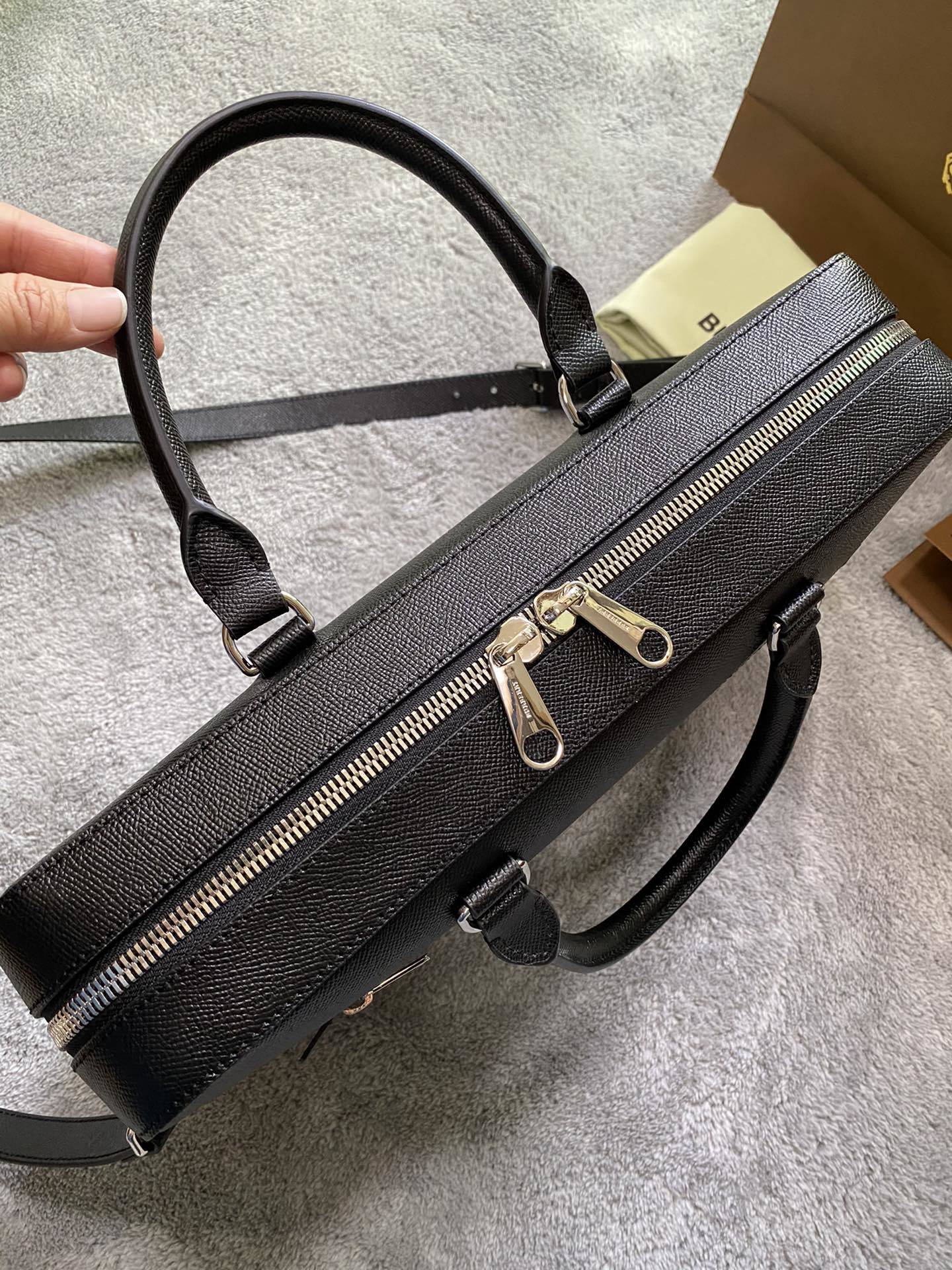 Burberry Black Grained Leather Briefcase with Silver Logo Plaque