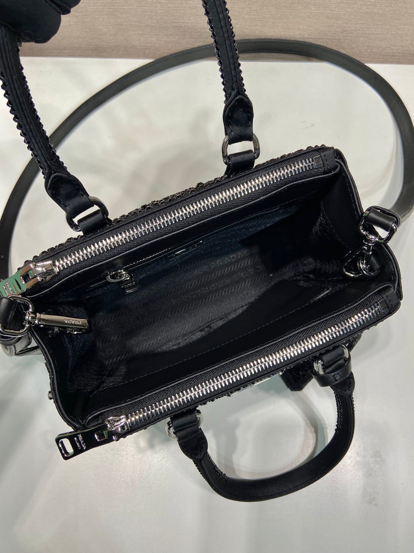 Prada Galleria Mini Satin Bag – Black with Crystals