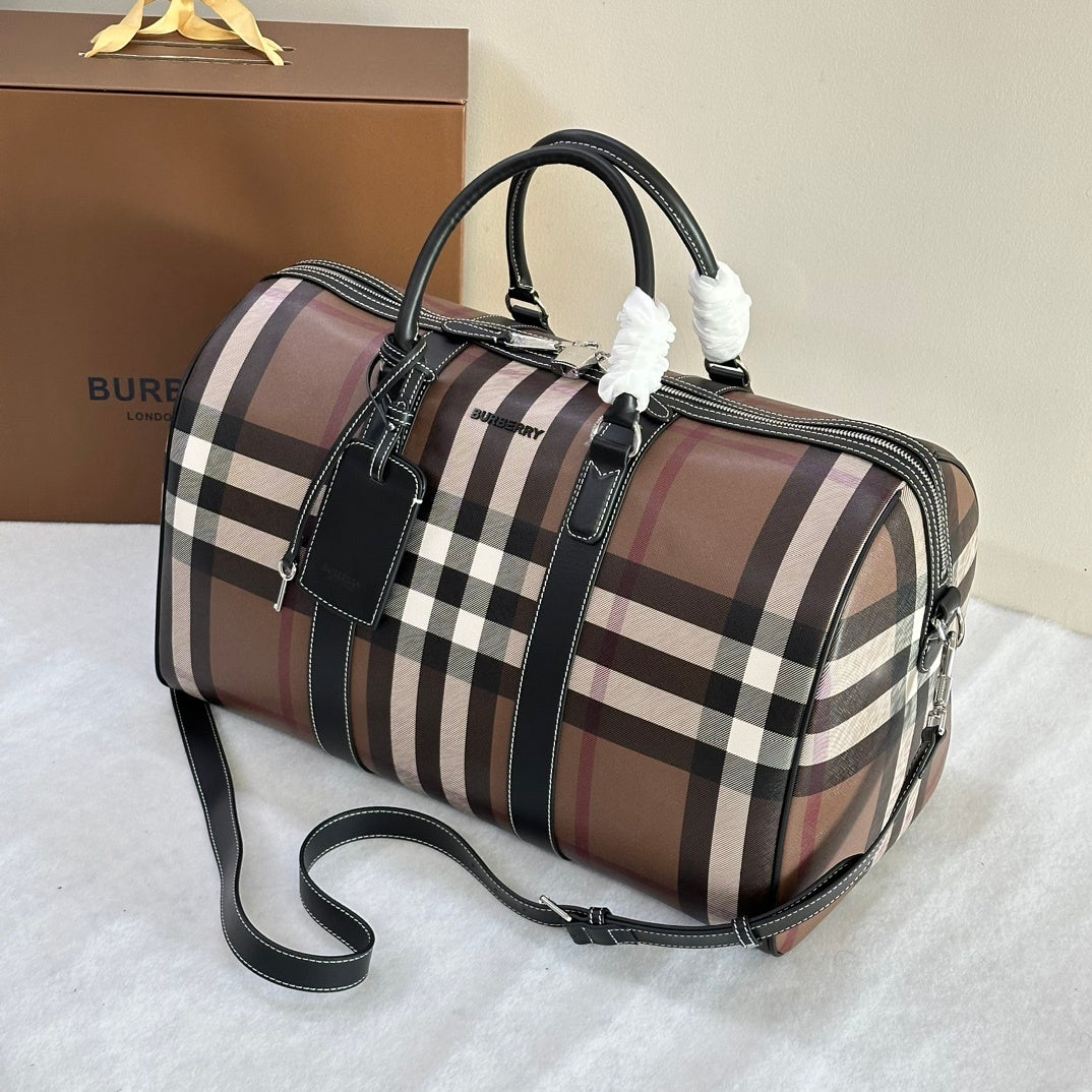 Burberry Boston Duffle Bag Iconic Check Canvas with Leather Luggage Tag