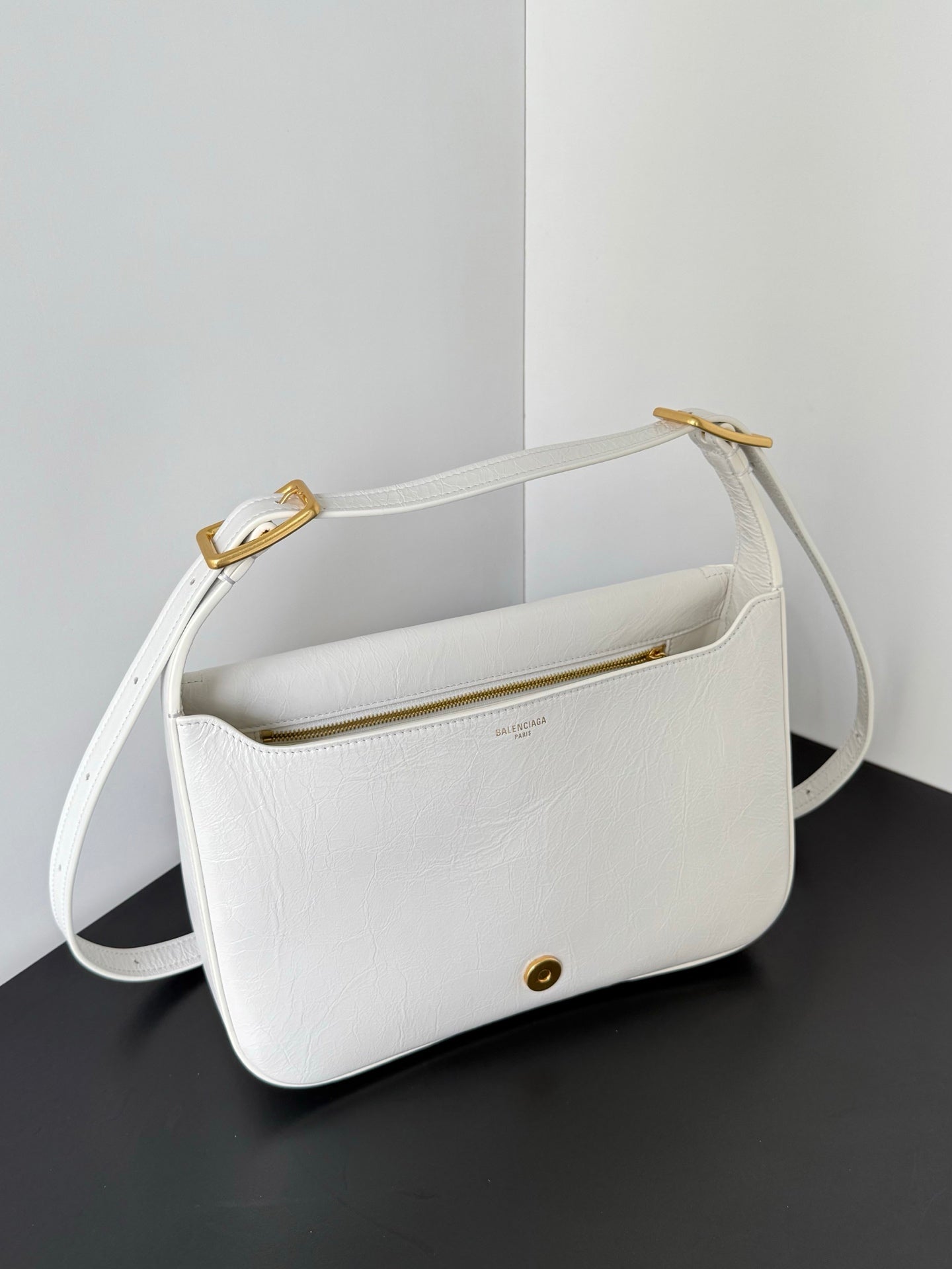 Balenciaga Clicca White Leather Shoulder Bag Gold Buckles