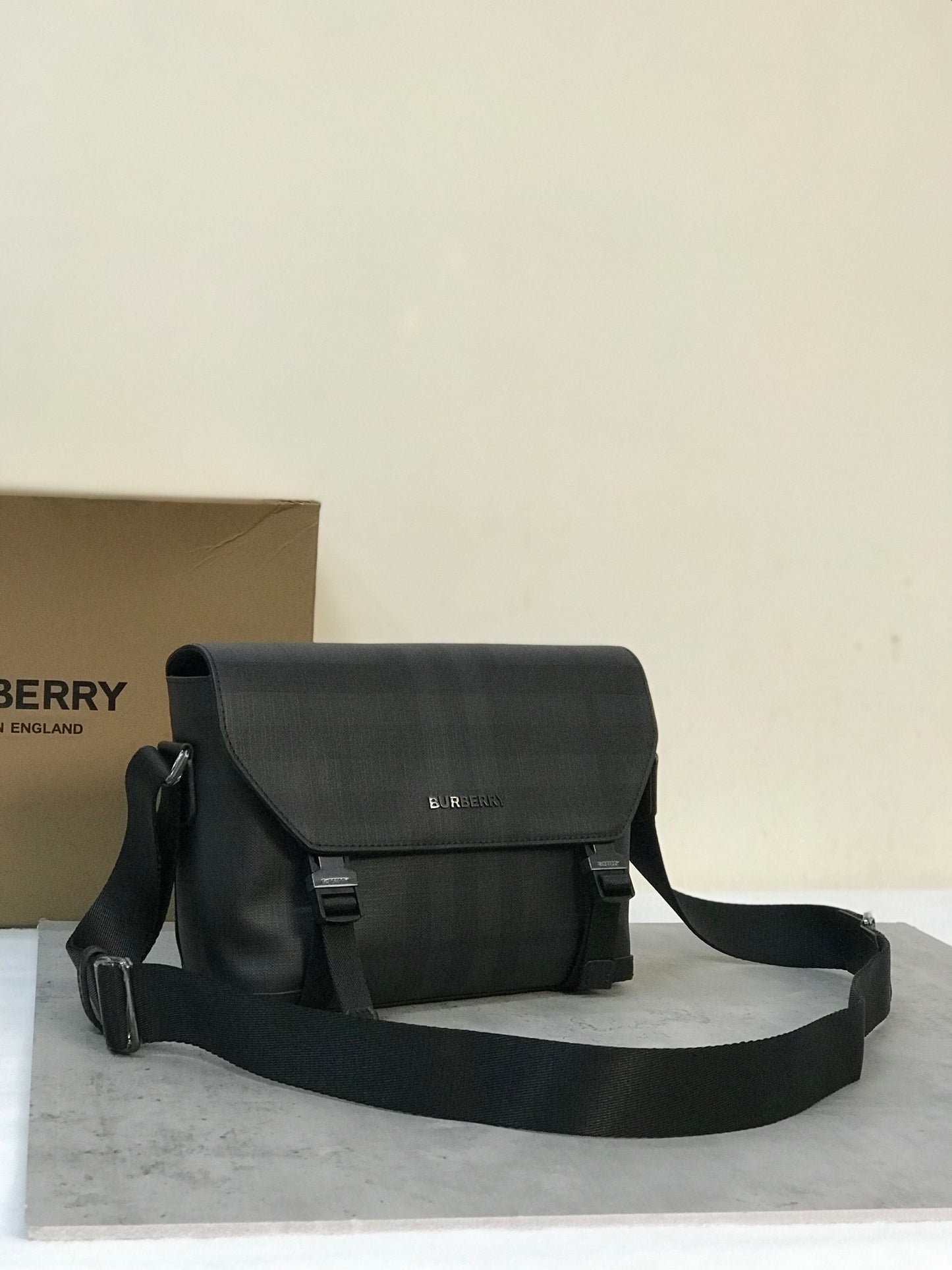 Burberry Black Charcoal Check Messenger Bag with Leather Trim