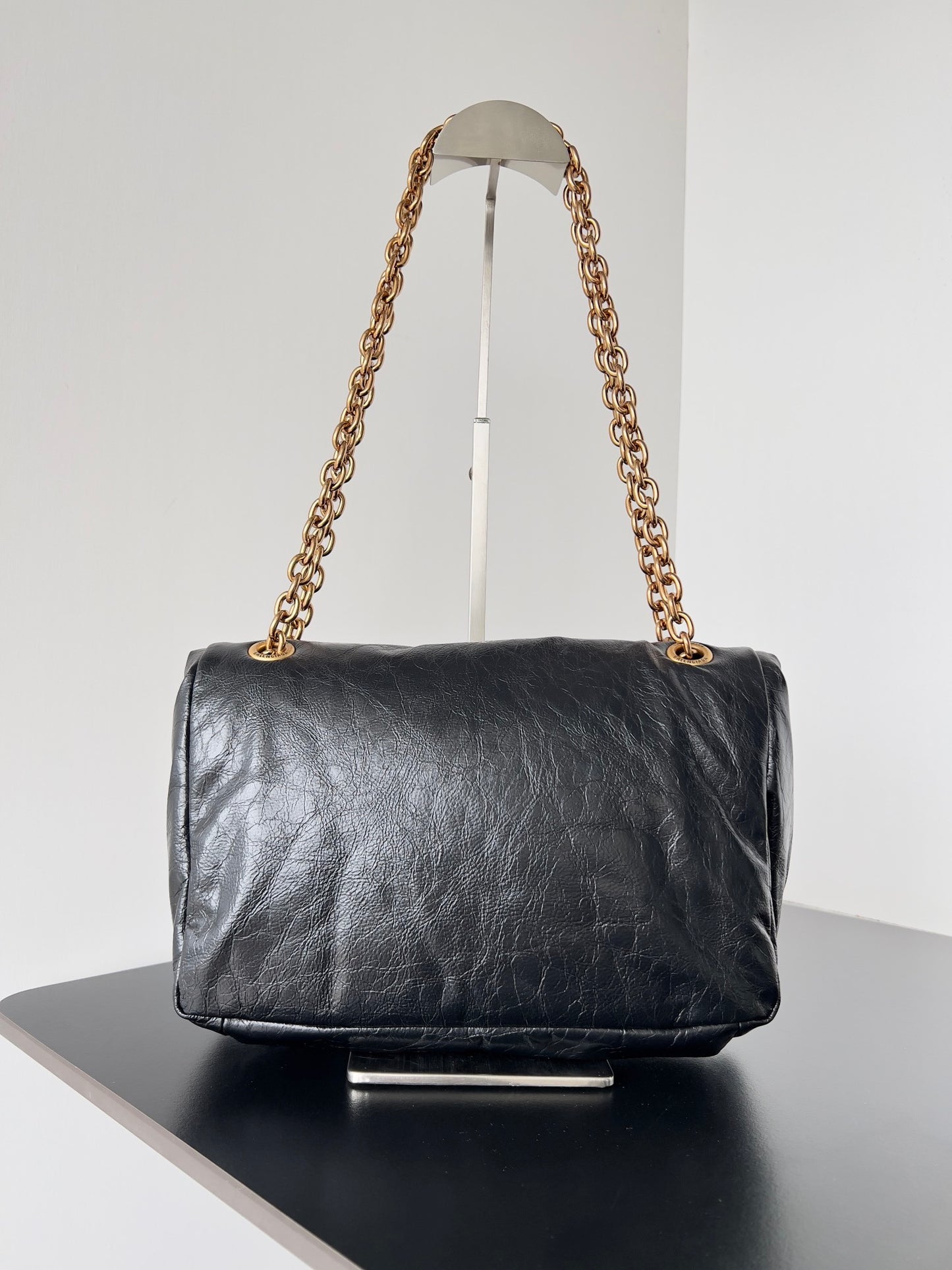 Balenciaga Monaco Black Crinkled Calfskin Shoulder Bag