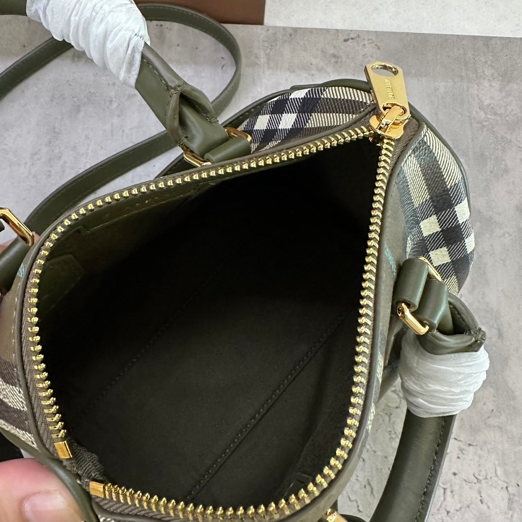 Burberry Bowling Bag in Olive Green Check Coated Cotton with Padlock Charm