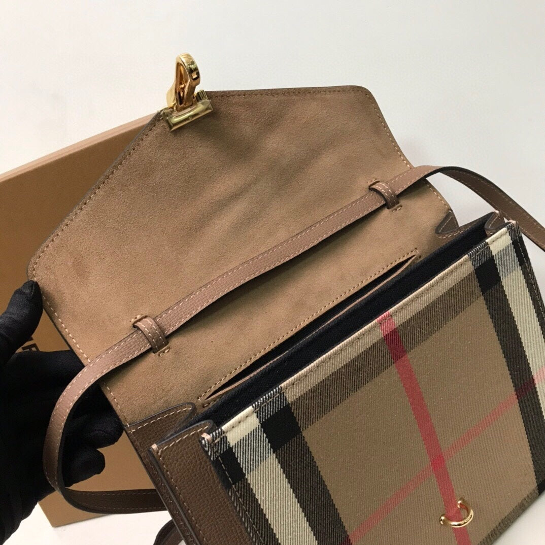 Burberry House Check Macken Brown Leather Crossbody Bag