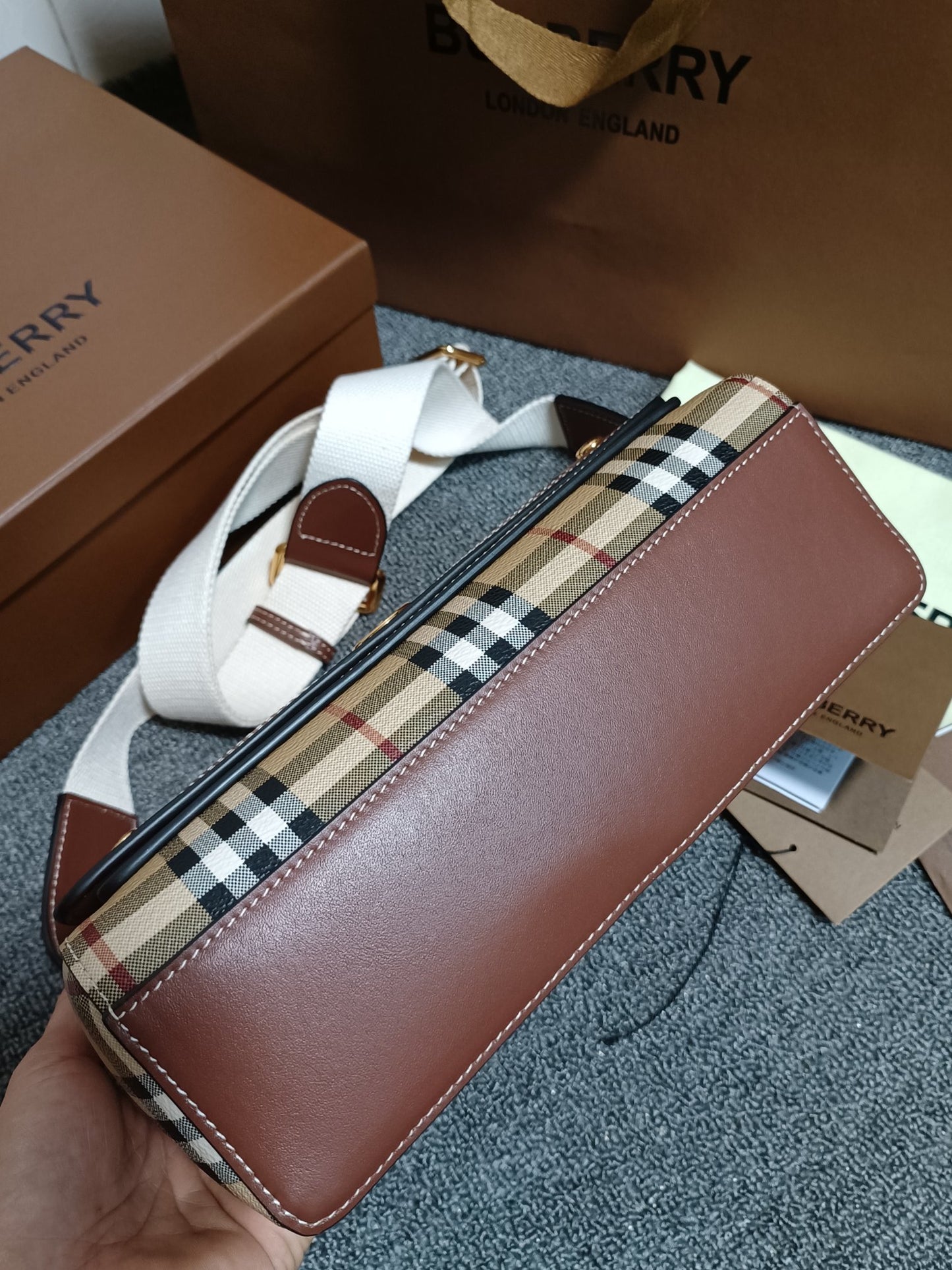 Burberry Note Crossbody Bag Archive Beige Check with Briar Brown Leather Trim