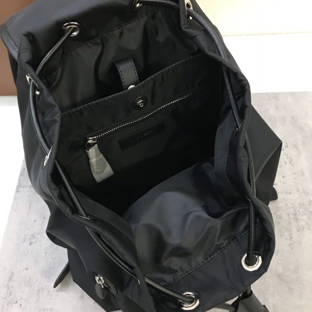 Burberry Logo Print Nylon Rucksack Black Backpack with Leather Straps