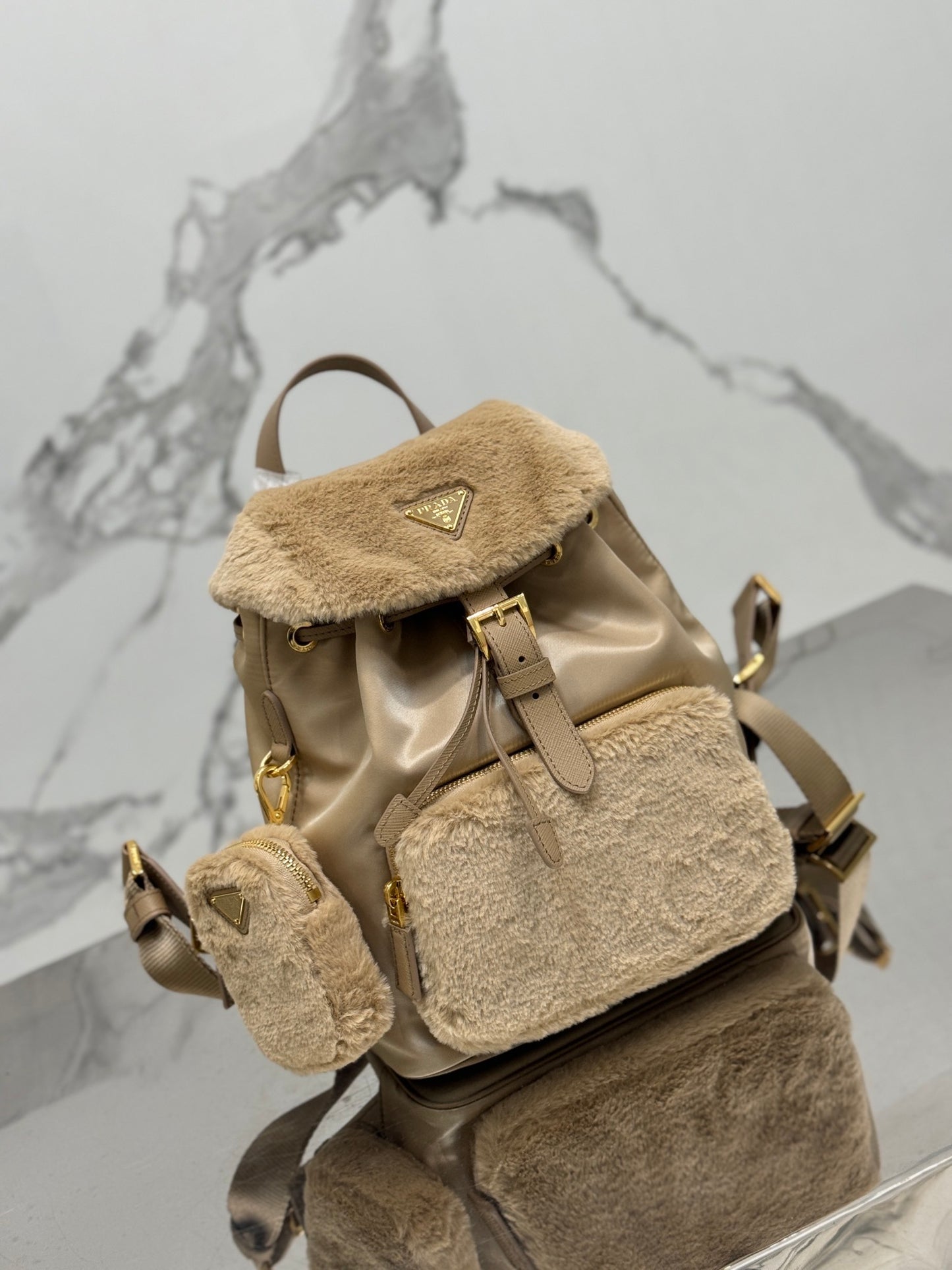 Prada Re-Nylon & Shearling Backpack – Beige