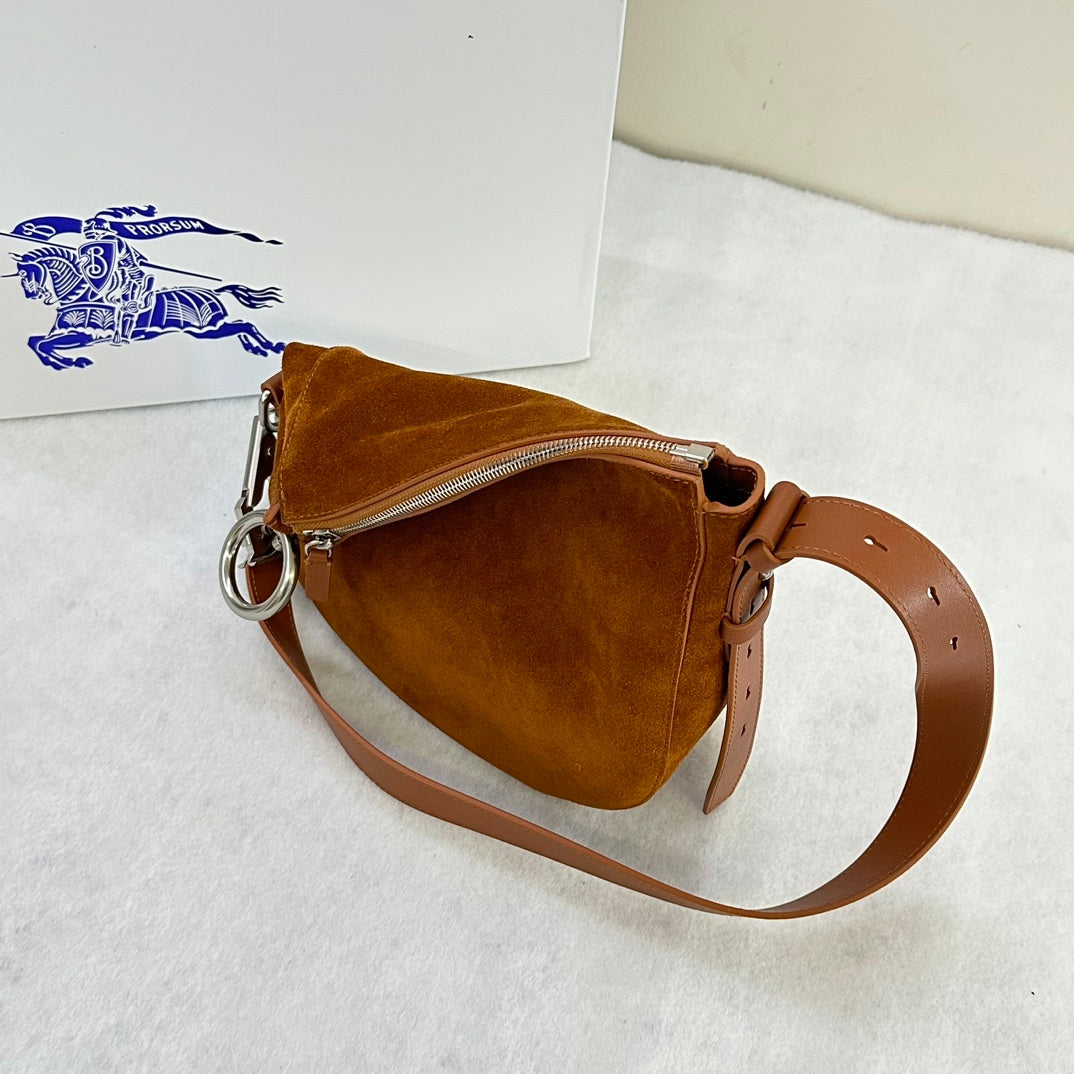 Burberry Knight Small Brown Suede Shoulder Bag with Silver Ring Detail