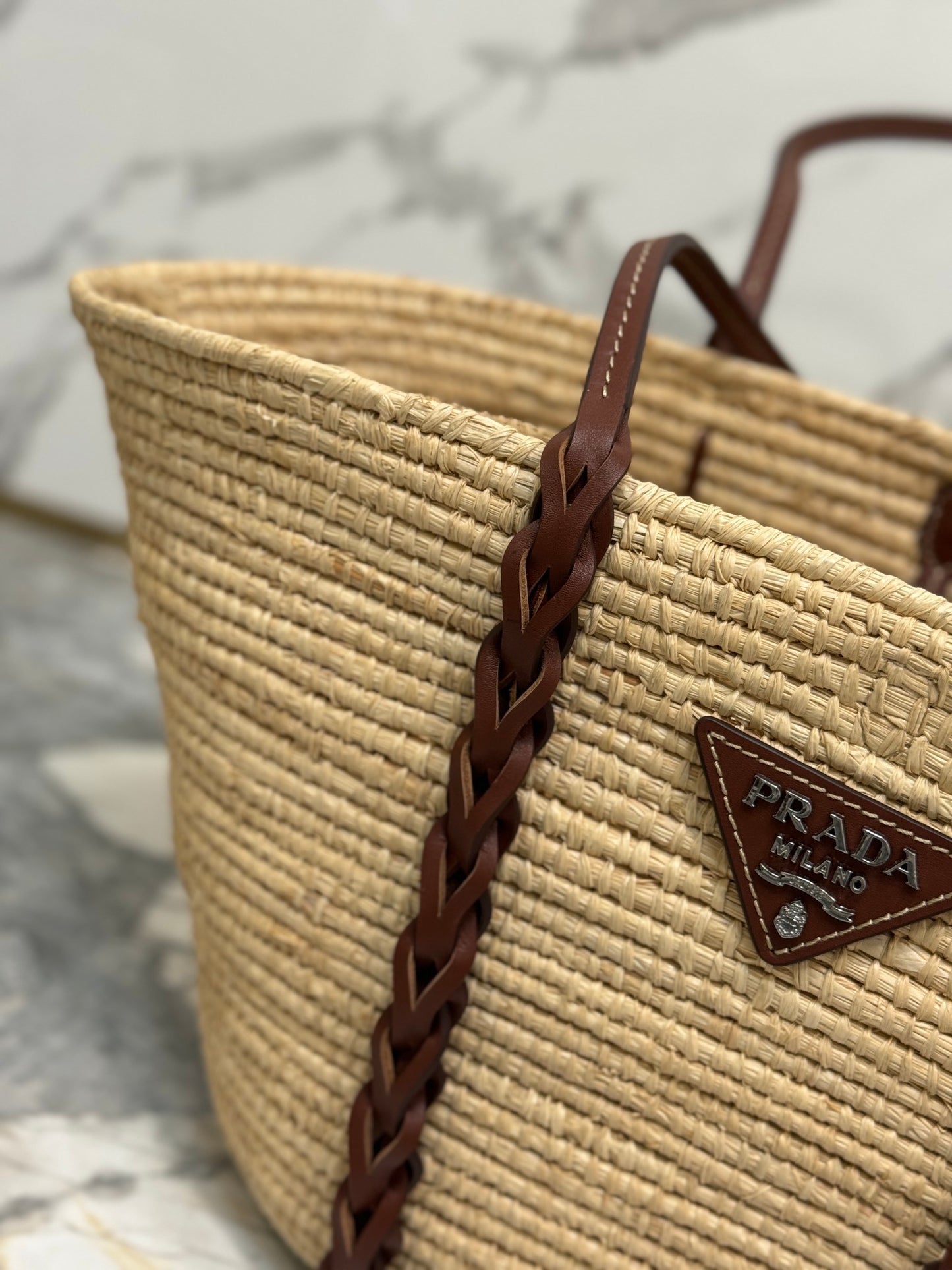 Prada Logo Leather-Trimmed Raffia Basket Bag – Natural/Beige & Cognac with Braided Leather Handles