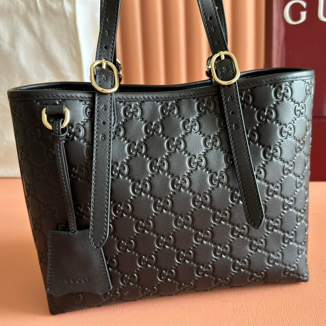 Gucci GG Emblem Medium Tote Bag in Black Embossed Leather