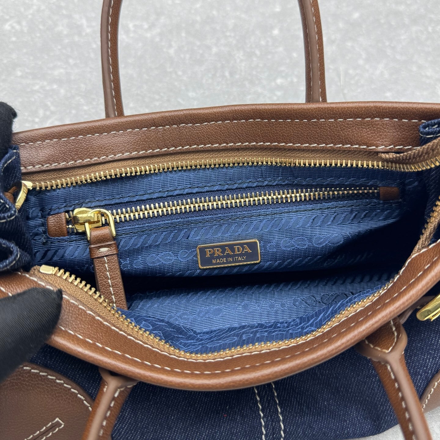 Prada Bonnie Medium Denim Handbag with Brown Leather Trim