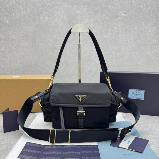 Prada Explore Medium Re-Nylon Black Shoulder Bag with Leather Trim
