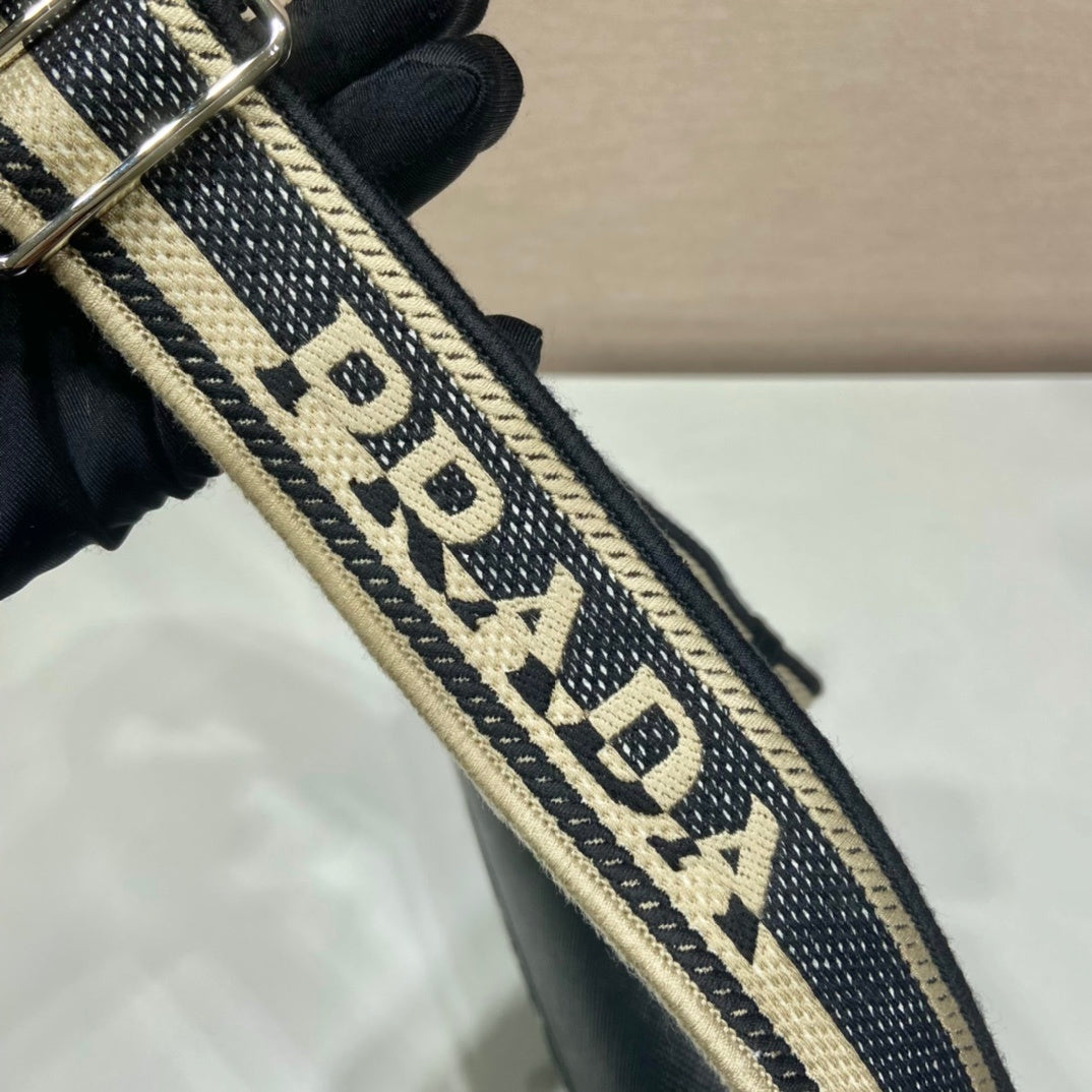 Prada Black Saffiano Leather Shoulder Bag with Detachable Woven Strap