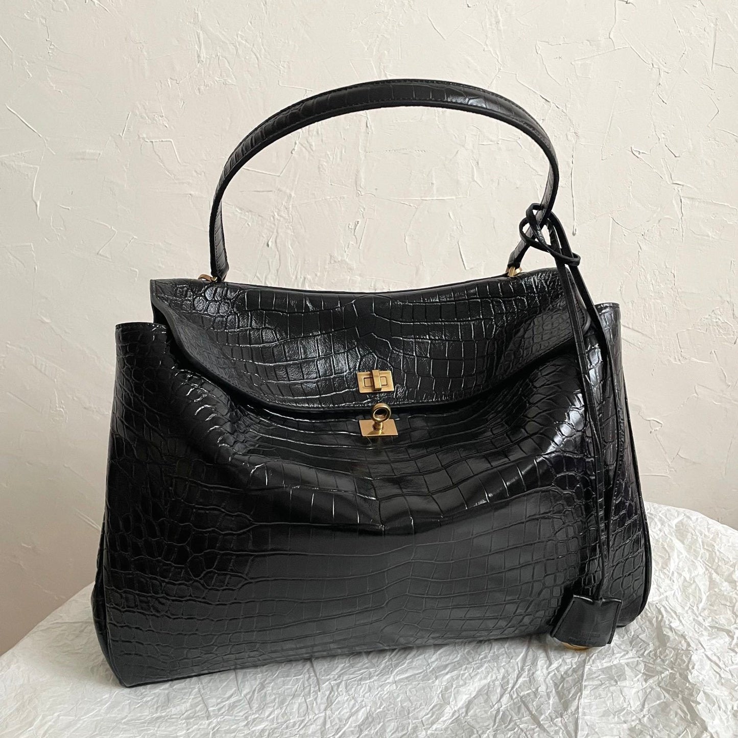 Balenciaga Rodeo Black Crocodile-Embossed Leather Luxury Handbag