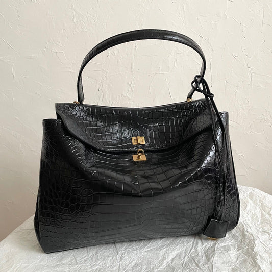 Balenciaga Rodeo Black Crocodile-Embossed Leather Luxury Handbag