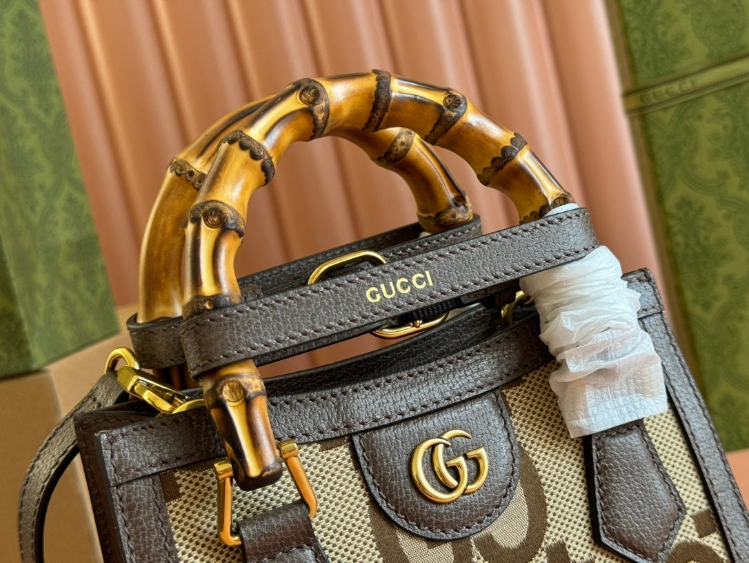 Gucci Diana Mini Tote Bag in Camel & Ebony Jumbo GG Canvas with Brown Leather Trim and Bamboo Handles