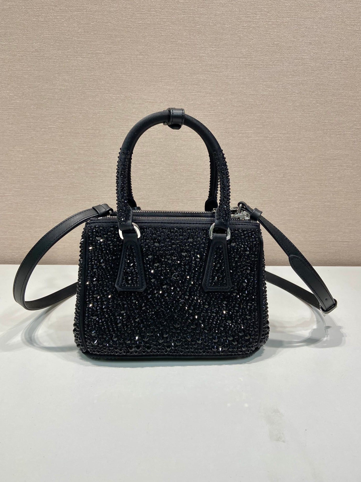 Prada Galleria Mini Satin Bag – Black with Crystals
