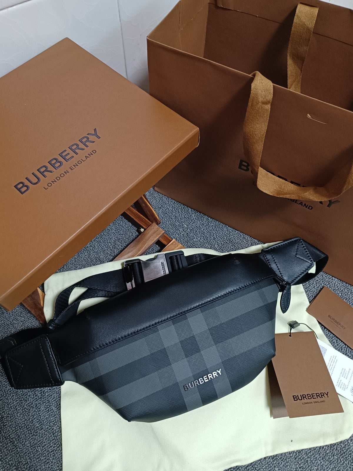 Burberry Sonny Belt Bag in Black Charcoal Check Canvas with Leather Trim