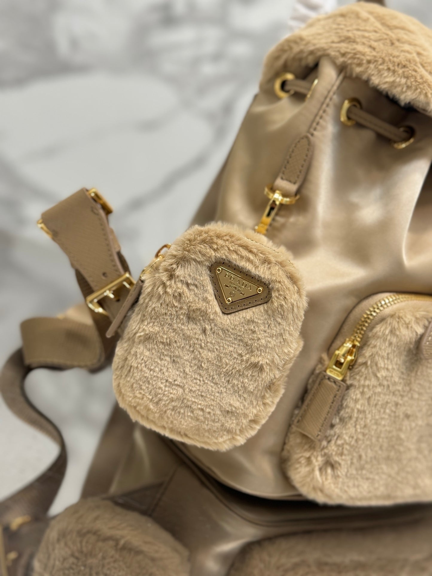 Prada Re-Nylon & Shearling Backpack – Beige