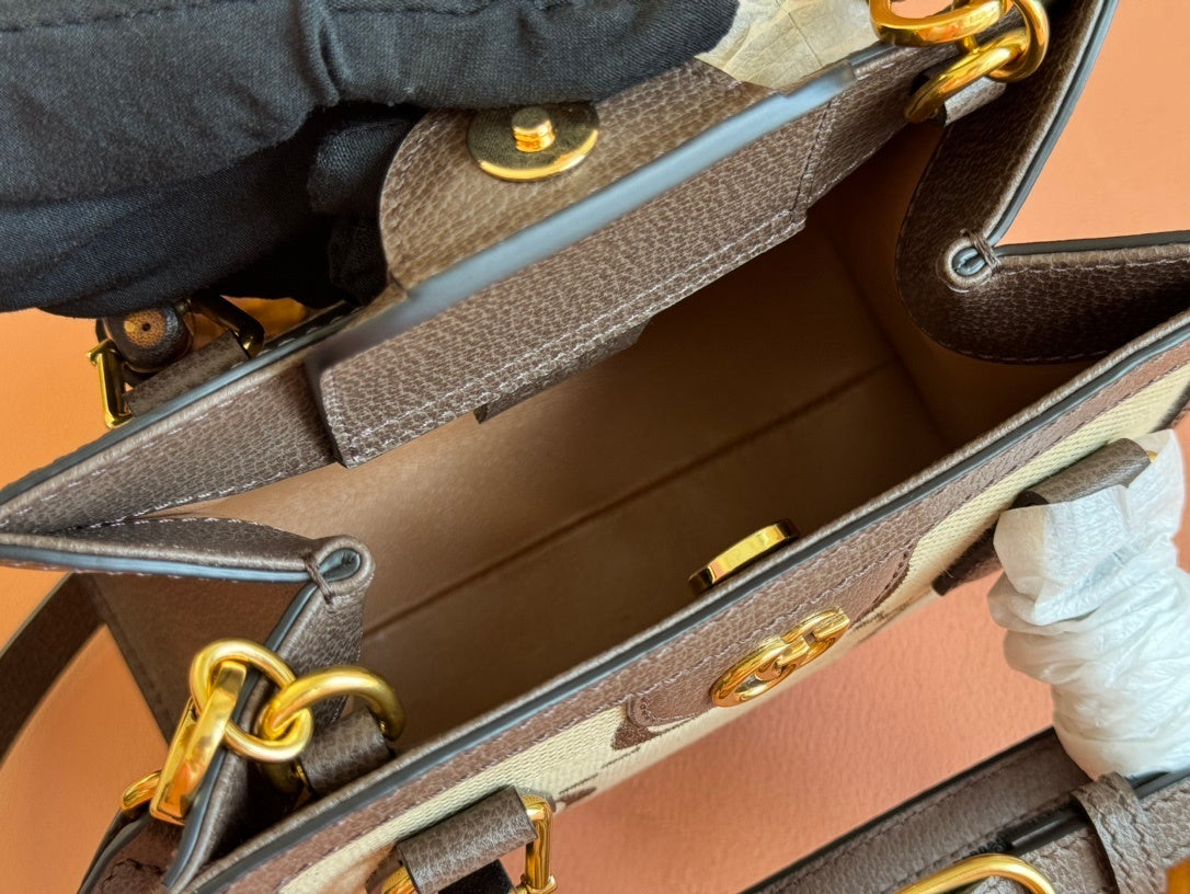 Gucci Diana Mini Tote Bag in Camel & Ebony Jumbo GG Canvas with Brown Leather Trim and Bamboo Handles