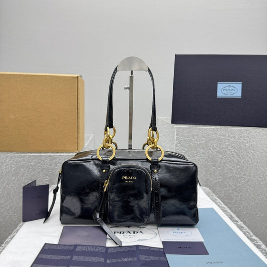 Prada Dangle Medium Black Leather Top Handle Shoulder Bag