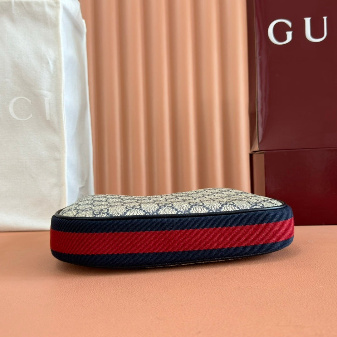 Gucci Attache Small Shoulder Bag in Beige GG Supreme Canvas with Blue Leather Trim