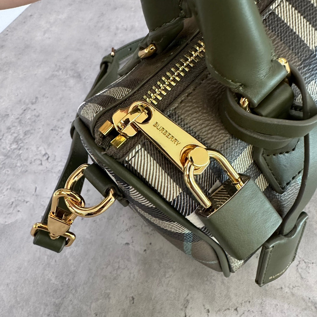 Burberry Bowling Bag in Olive Green Check Coated Cotton with Padlock Charm