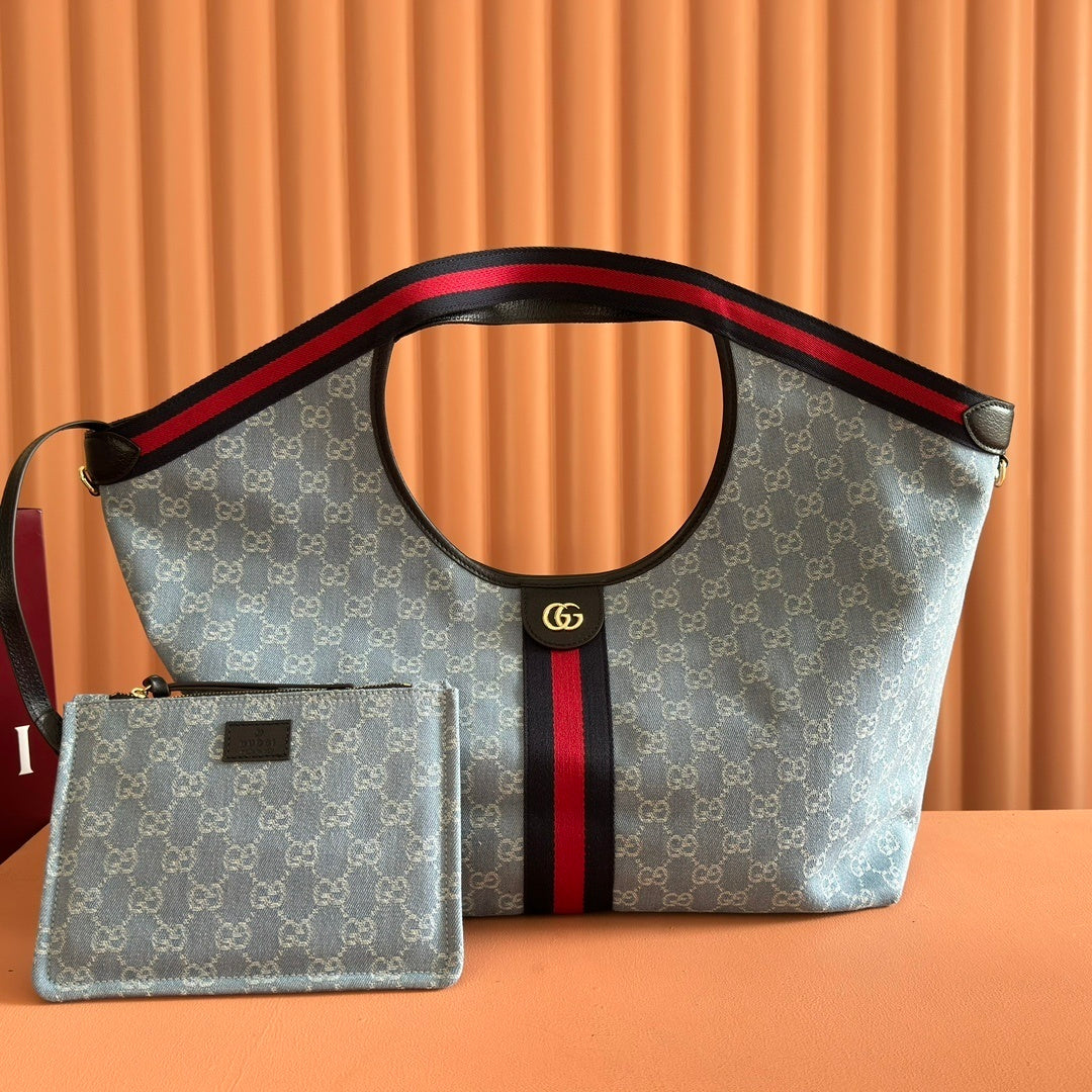 Gucci Giglio Large Tote Bag in Blue and White GG Denim with Web Trim