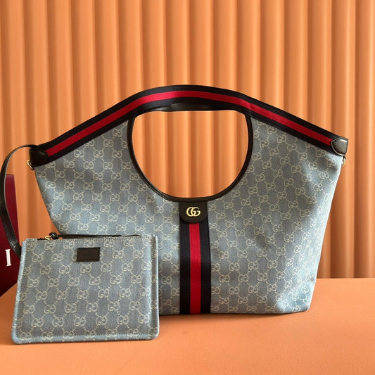 Gucci Giglio Large Tote Bag in Blue and White GG Denim with Web Trim