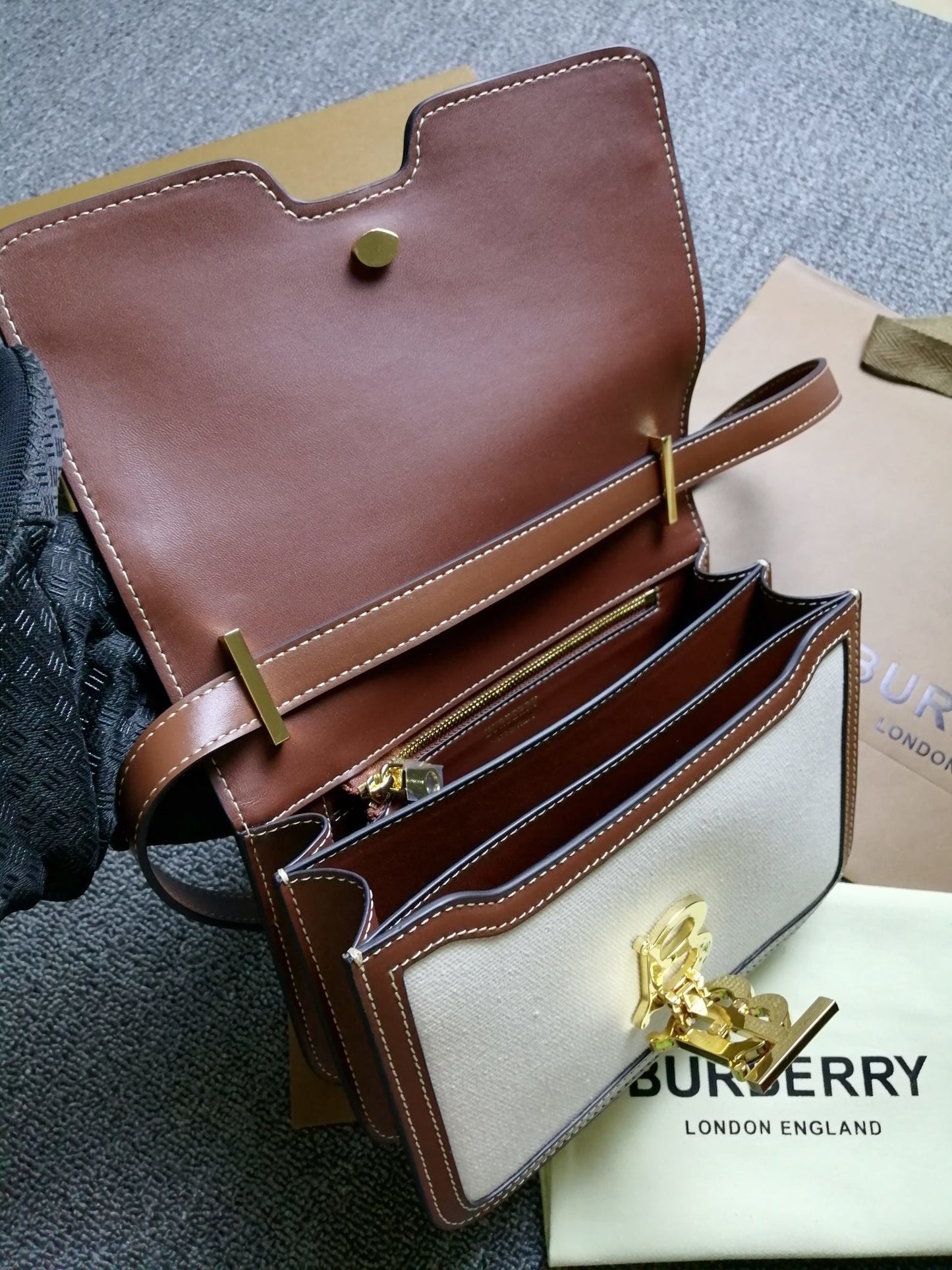 Burberry Small Two-Tone Canvas & Leather TB Bag with Gold Monogram Clasp