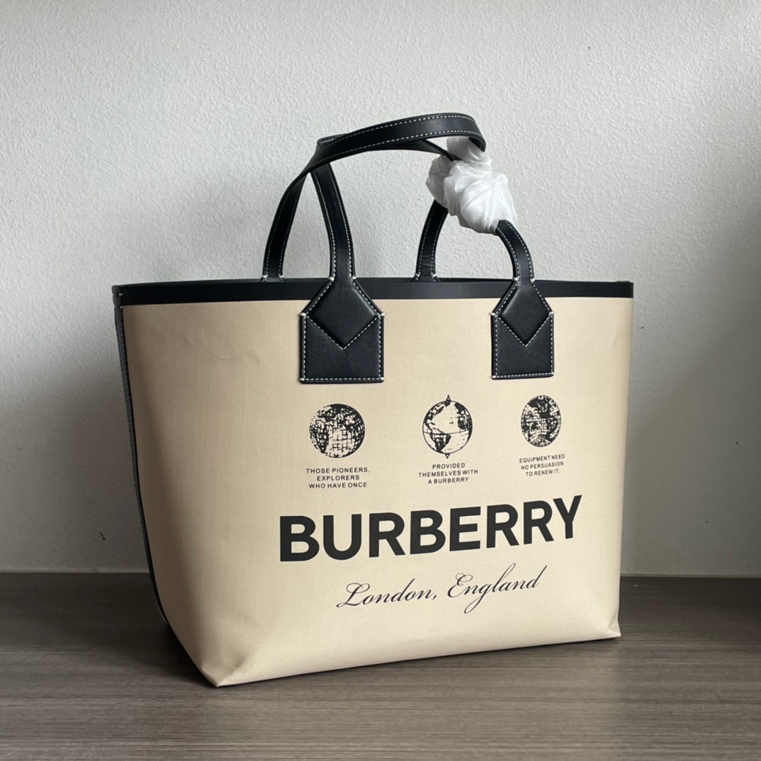 Burberry Label Print Cotton Medium London Tote Bag Beige Canvas & Black Leather