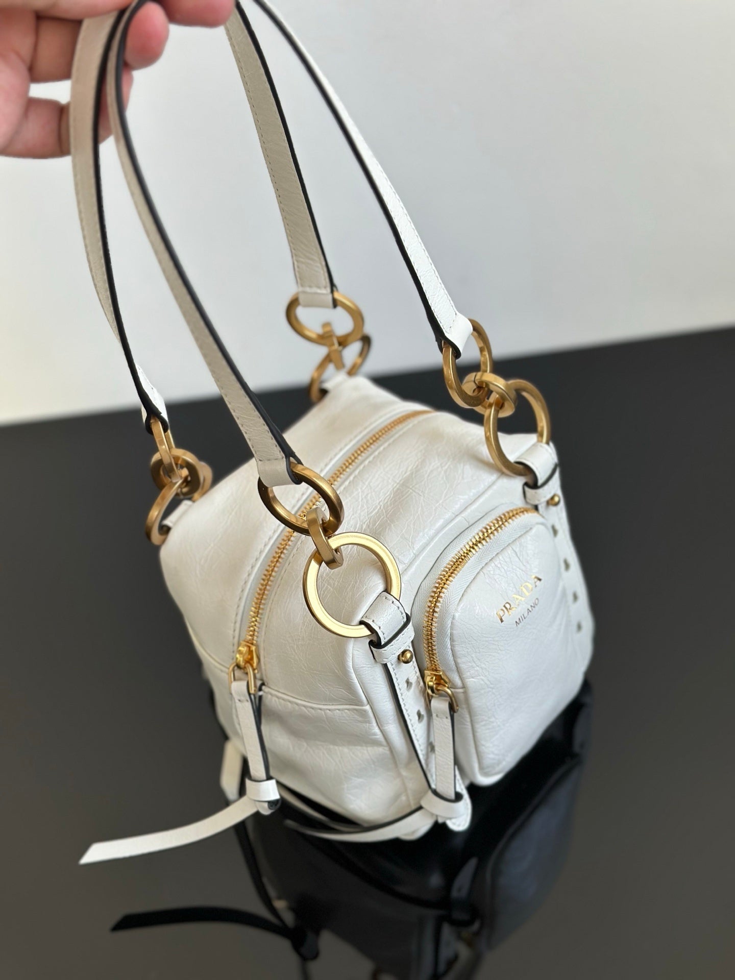 Prada Dangle Mini White Distressed Leather Top-Handle Bag