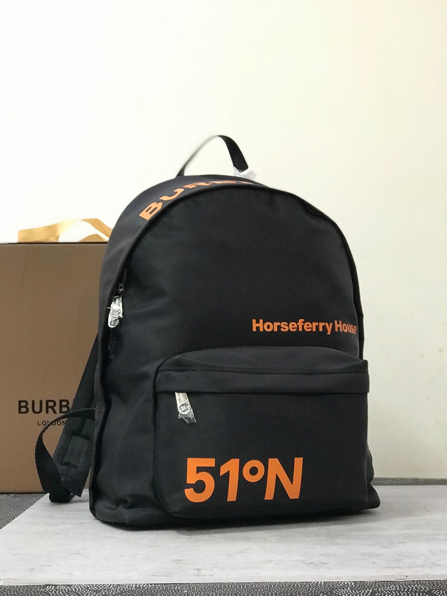 Burberry Coordinates-Print Black Backpack with Orange Logo