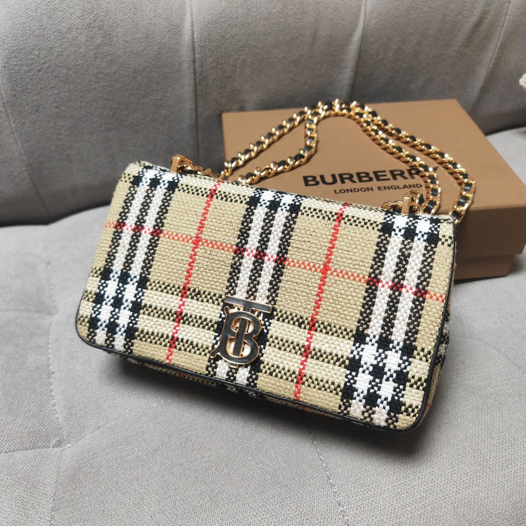 Burberry Beige Check Crossbody Bag with Gold-Tone Chain Strap