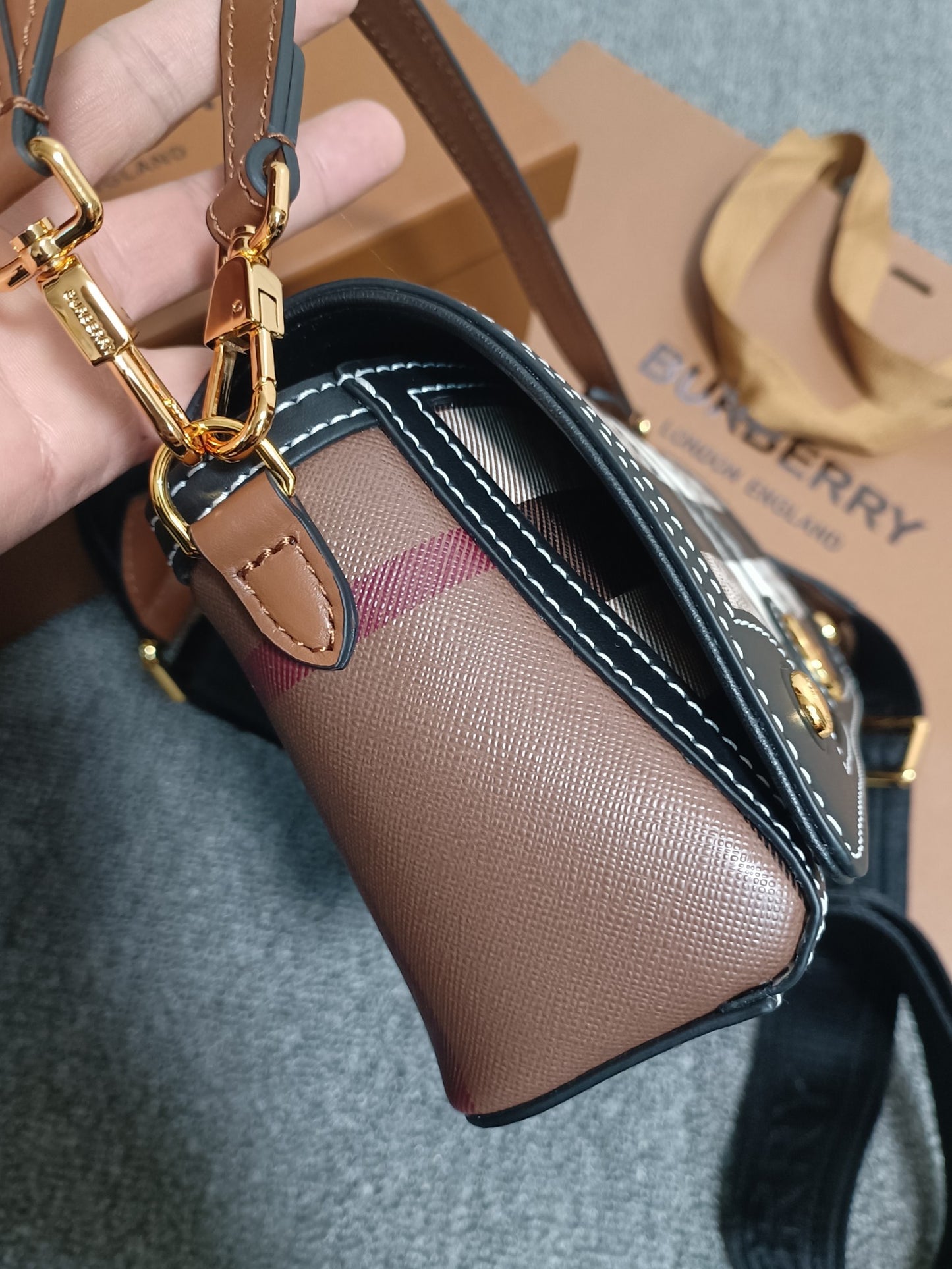 Burberry Note Bag Dark Birch Brown Check Canvas Luxury Crossbody