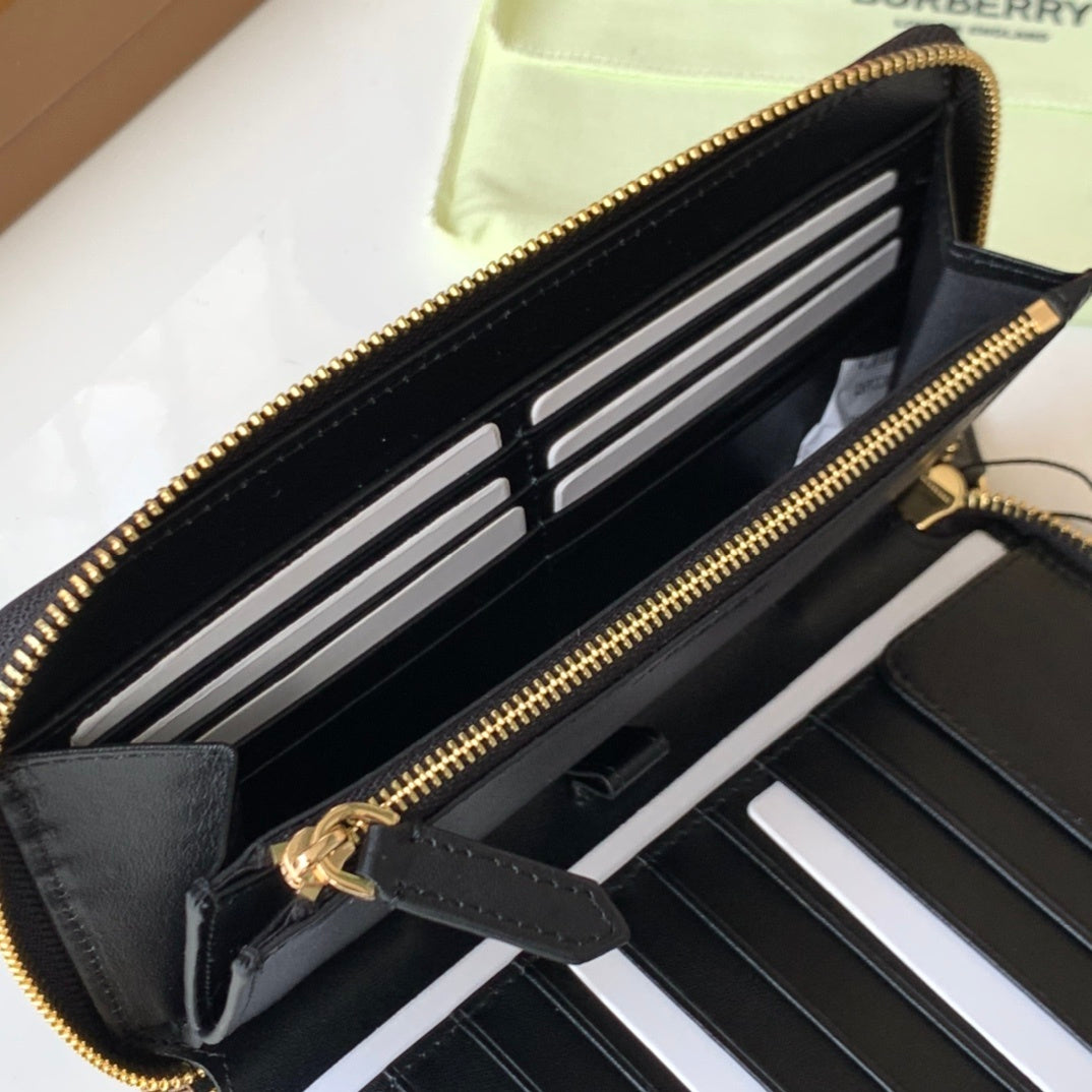 Burberry Logo Leather Continental Wallet in Black Calfskin with Check Side Panel
