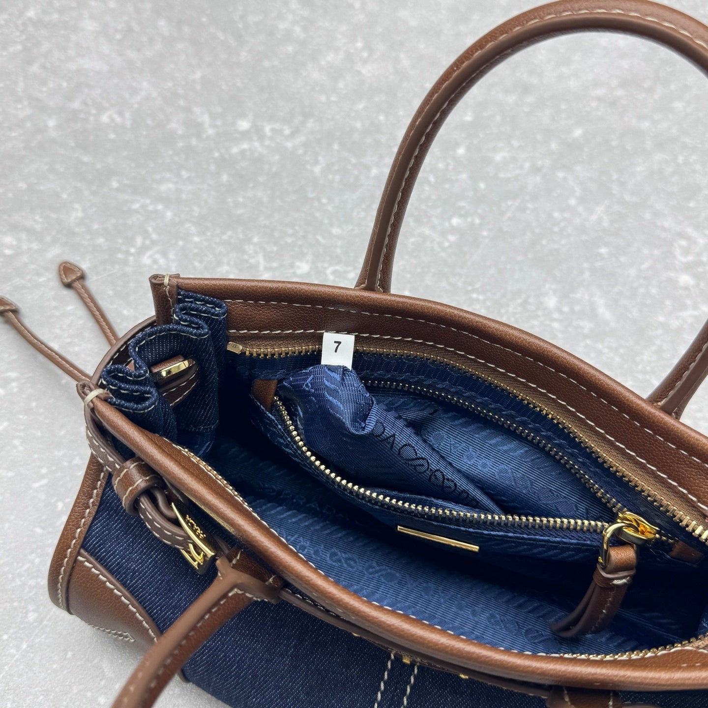 Prada Bonnie Medium Denim Handbag with Brown Leather Trim