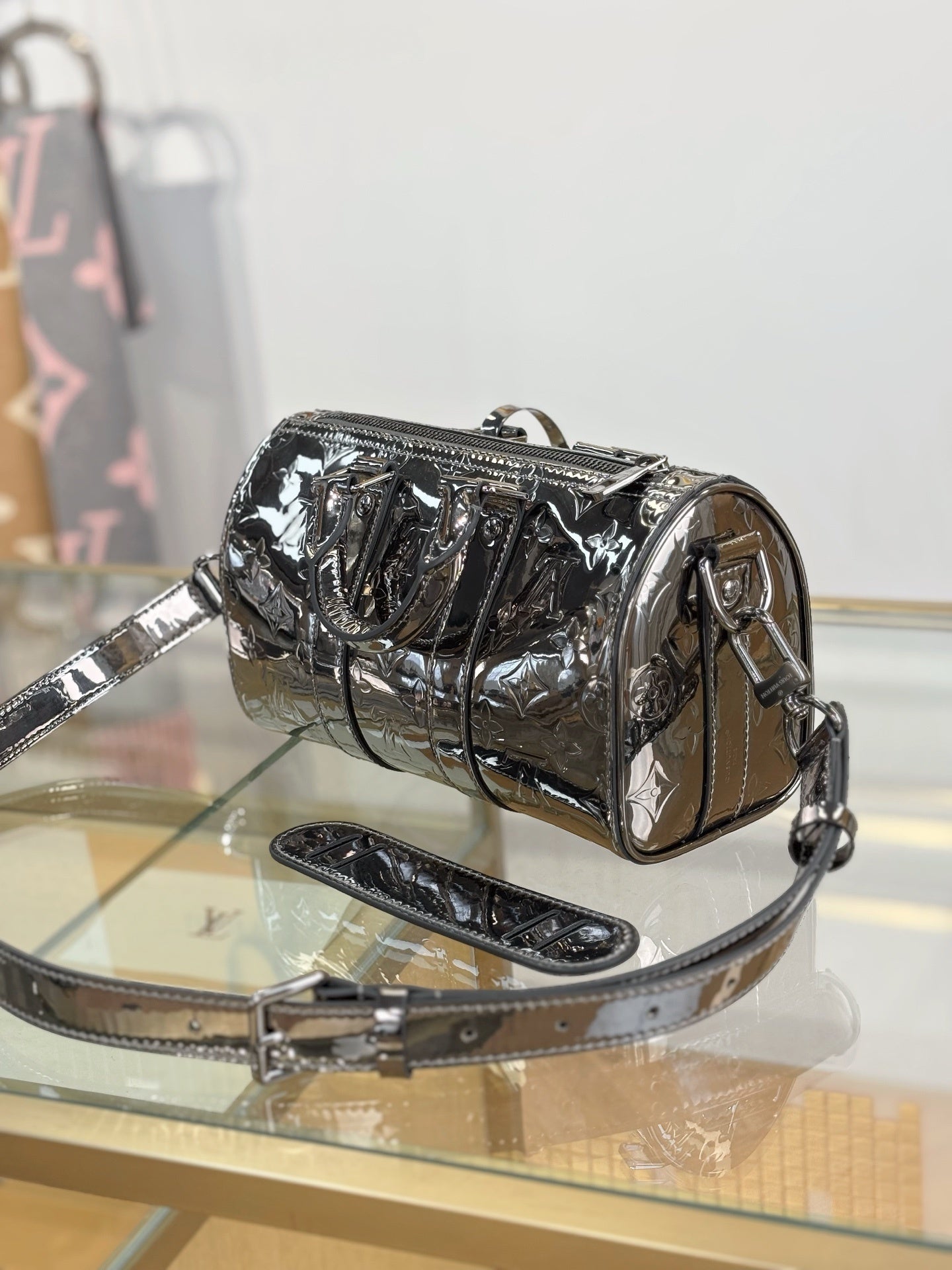 Louis Vuitton Keepall Bandoulière 25 Bag in Gunmetal Monogram Mirror Canvas