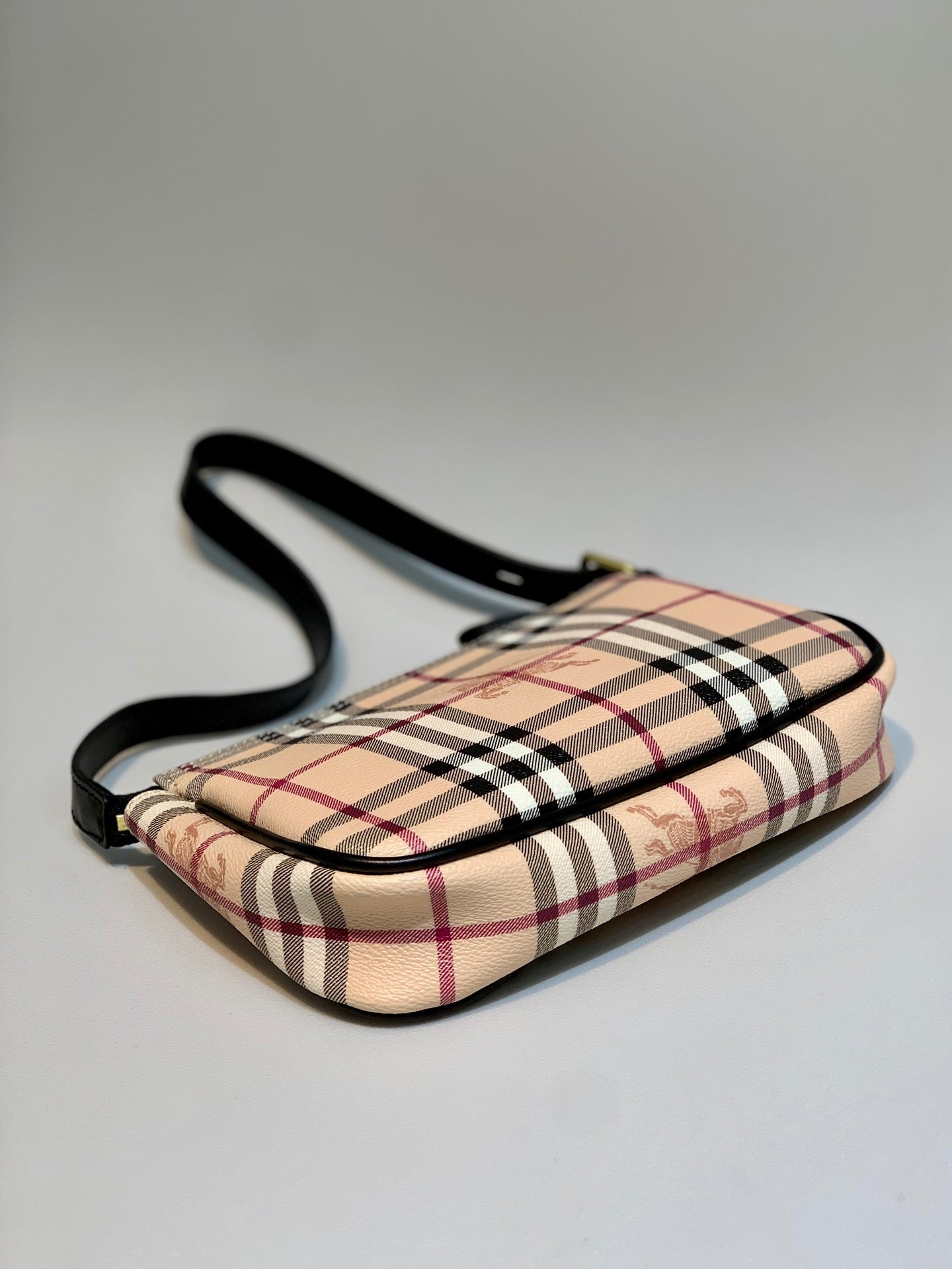 Burberry Nova Check Shoulder Bag Beige Coated Canvas with Black Leather Strap