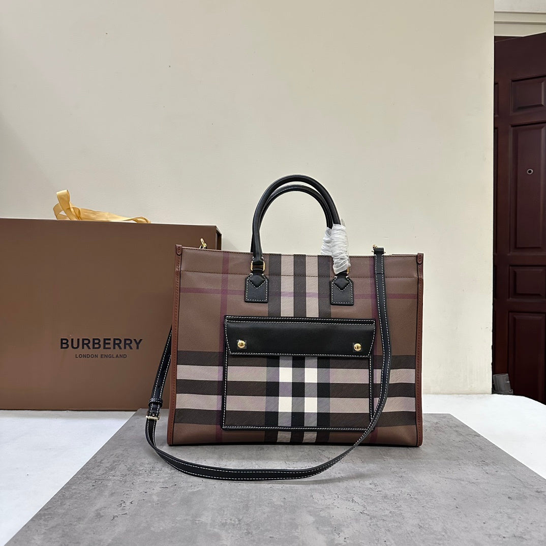 Burberry Medium Freya Tote Bag in Dark Birch Brown Check with Black Leather Trim