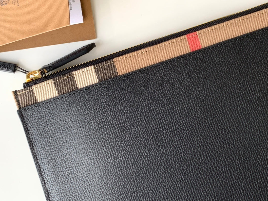 Burberry Black Leather Clutch Bag with Vintage Check Trim
