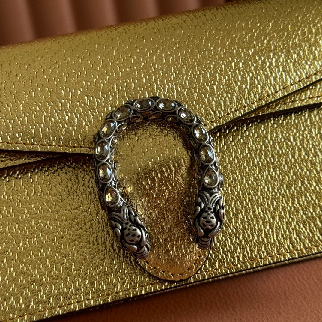 Gucci Dionysus Super Mini Gold Leather Bag with Crystal Tiger Head Closure