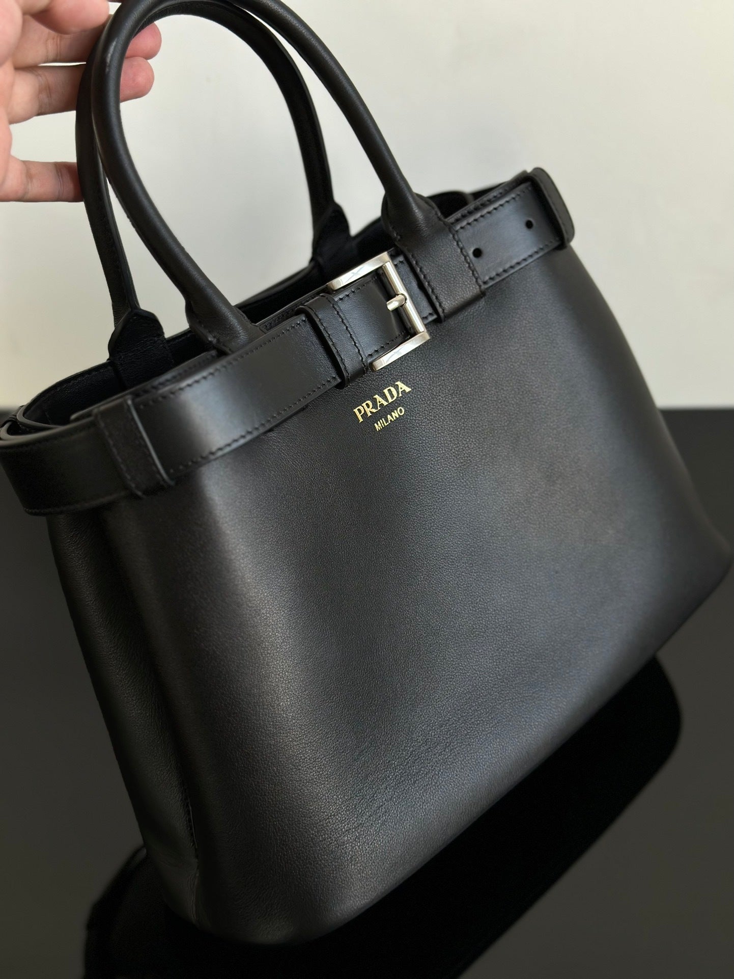 Prada Buckle Black Leather Handbag with Belt