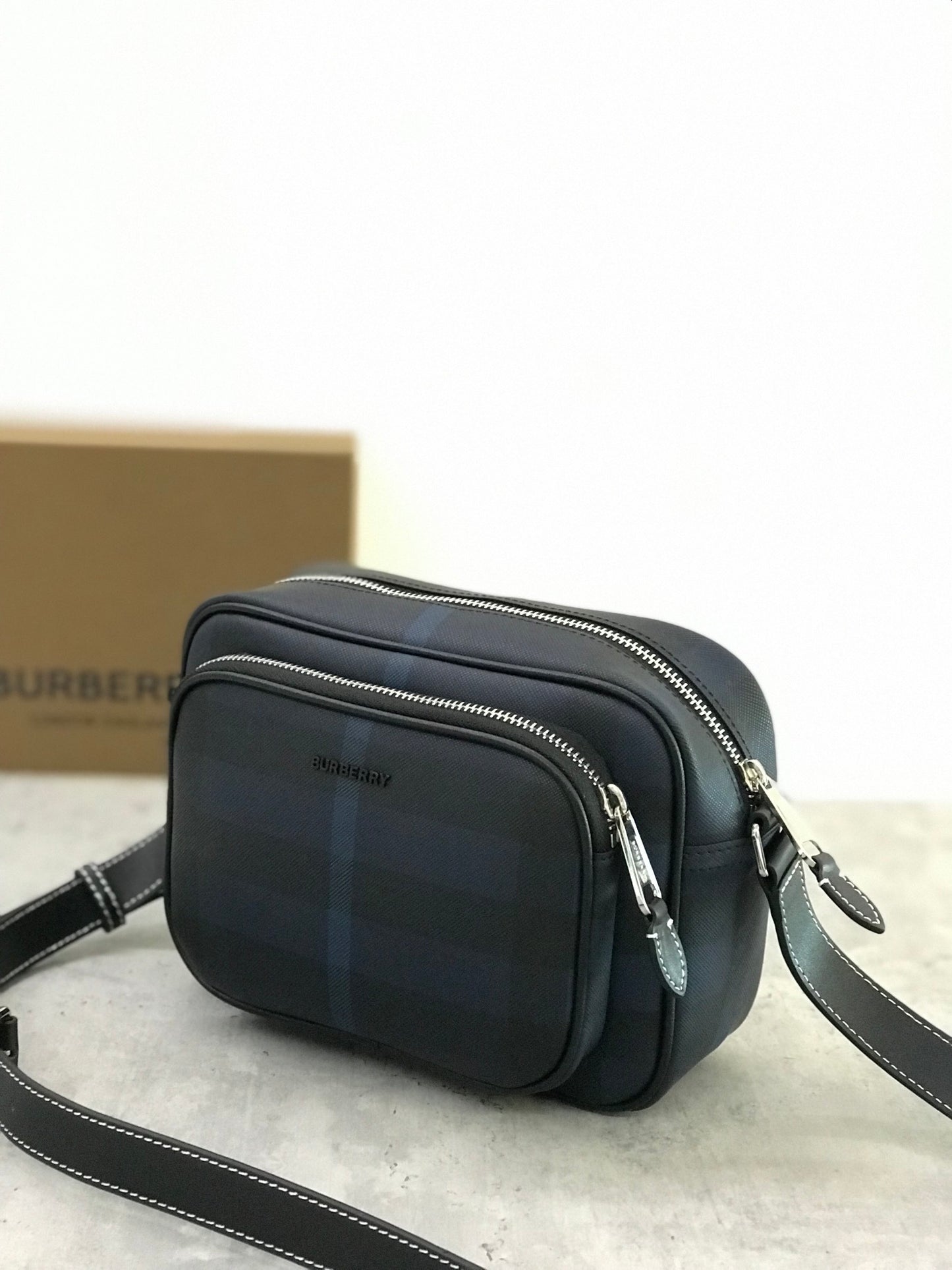 Burberry Paddy Black & Blue Check Coated Canvas Crossbody Bag