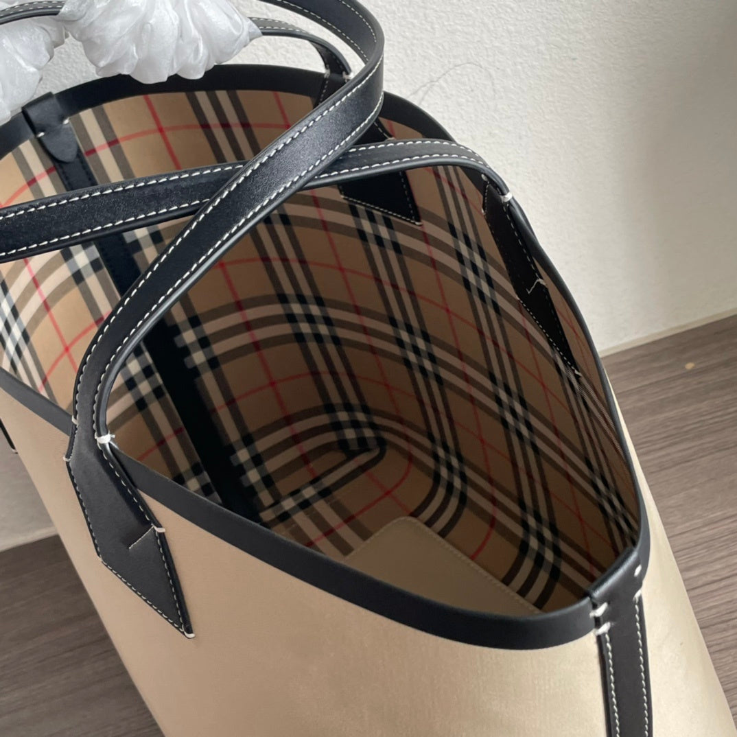 Burberry Label Print Cotton Medium London Tote Bag Beige Canvas & Black Leather