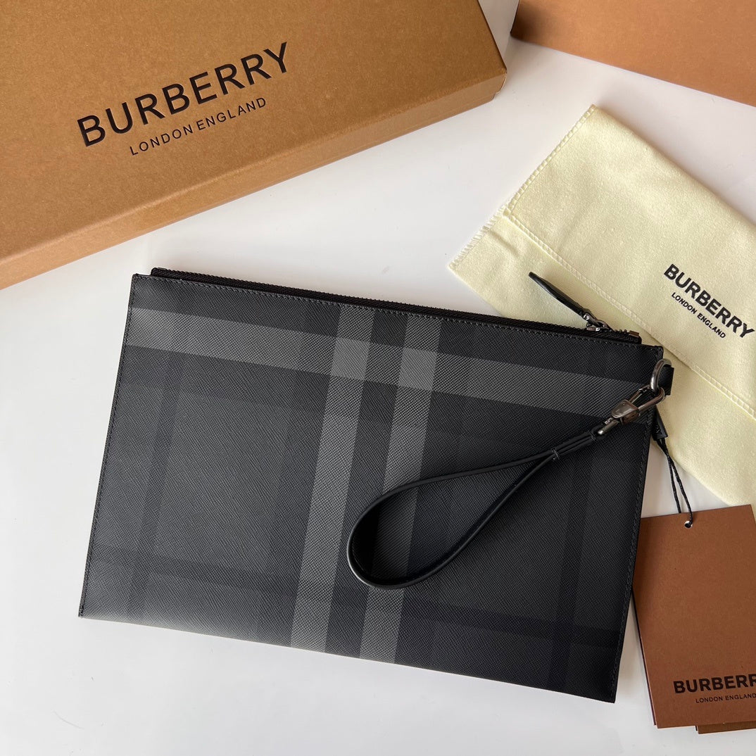 Burberry Edin Check Zip Pouch in Charcoal with Detachable Wrist Strap